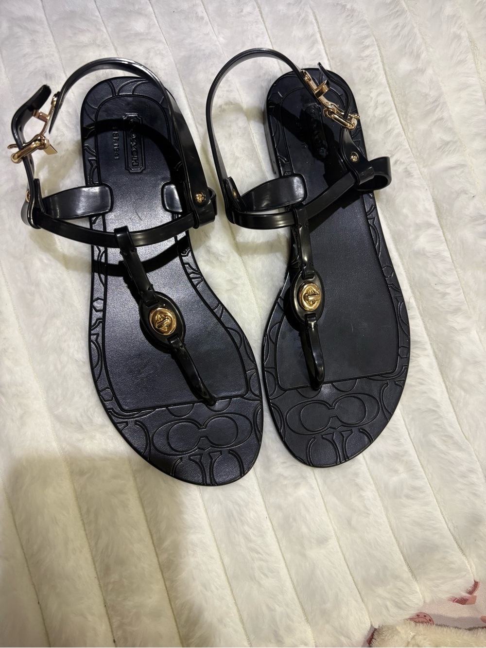 Coach Black Jelly T-Strap Sandals with Gold Logo Accents